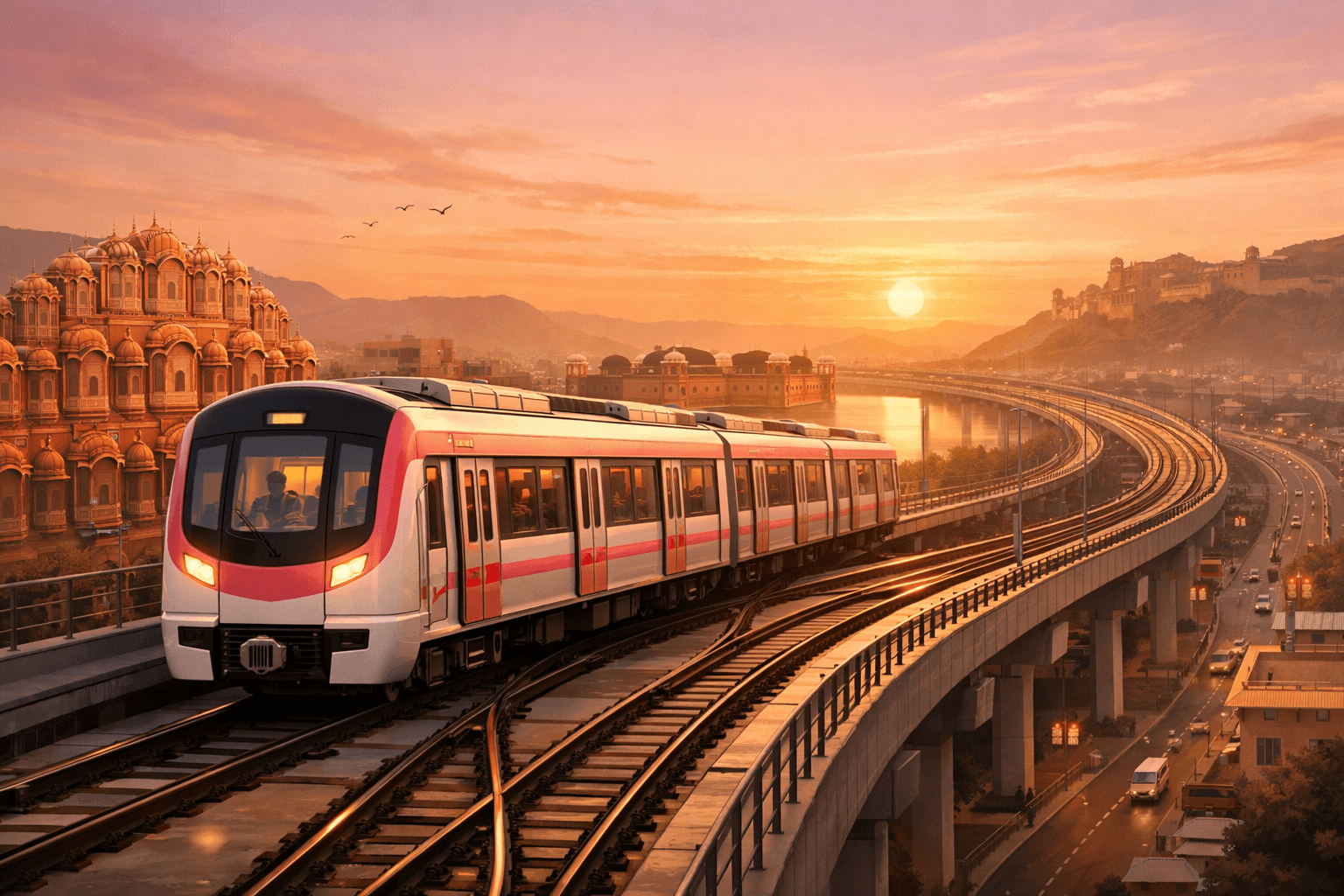 Jaipur Metro train at sunset with Jaipur landmarks in the background