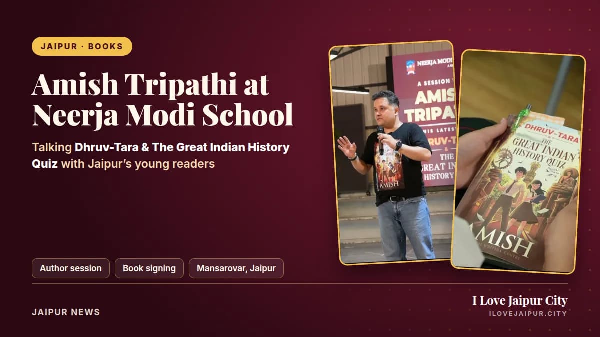 Amish Tripathi speaking to students at Neerja Modi School, Jaipur, and a copy of Dhruv-Tara & The Great Indian History Quiz
