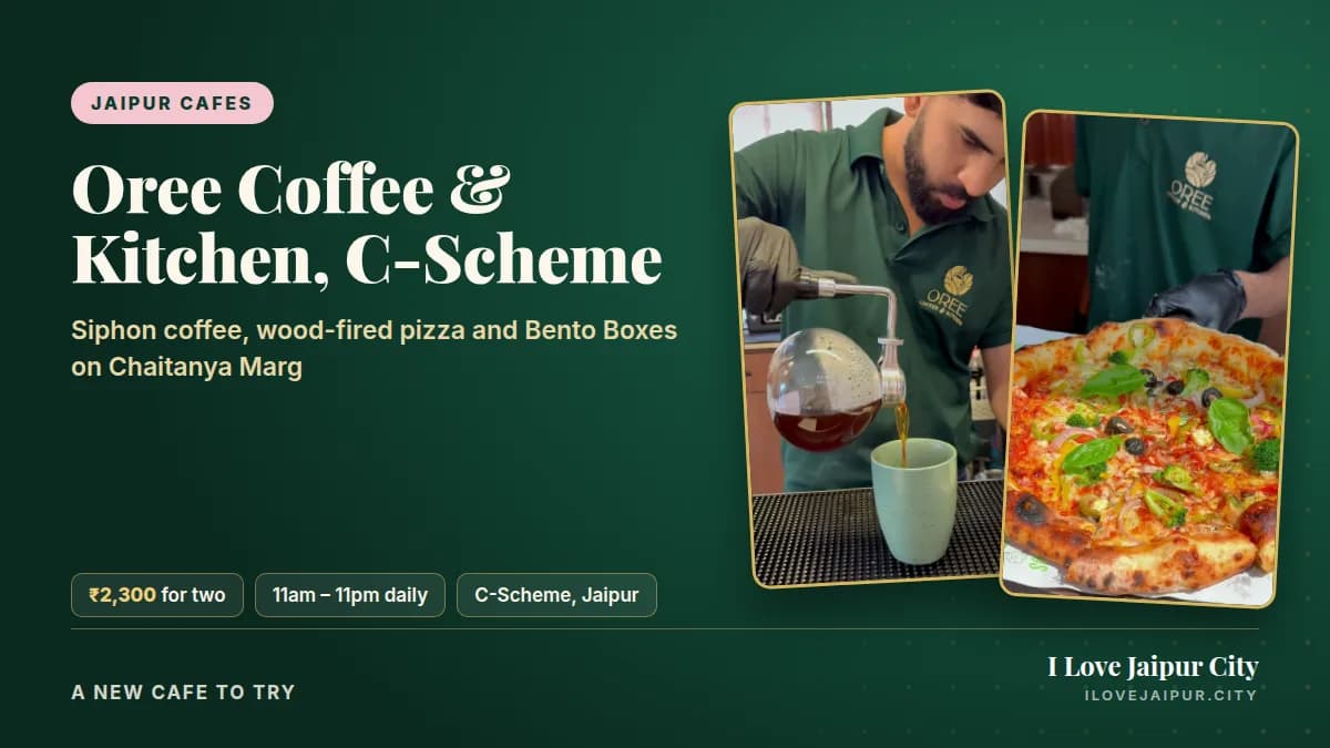 Siphon coffee being poured and a wood-fired pizza at Oree Coffee & Kitchen, C-Scheme, Jaipur