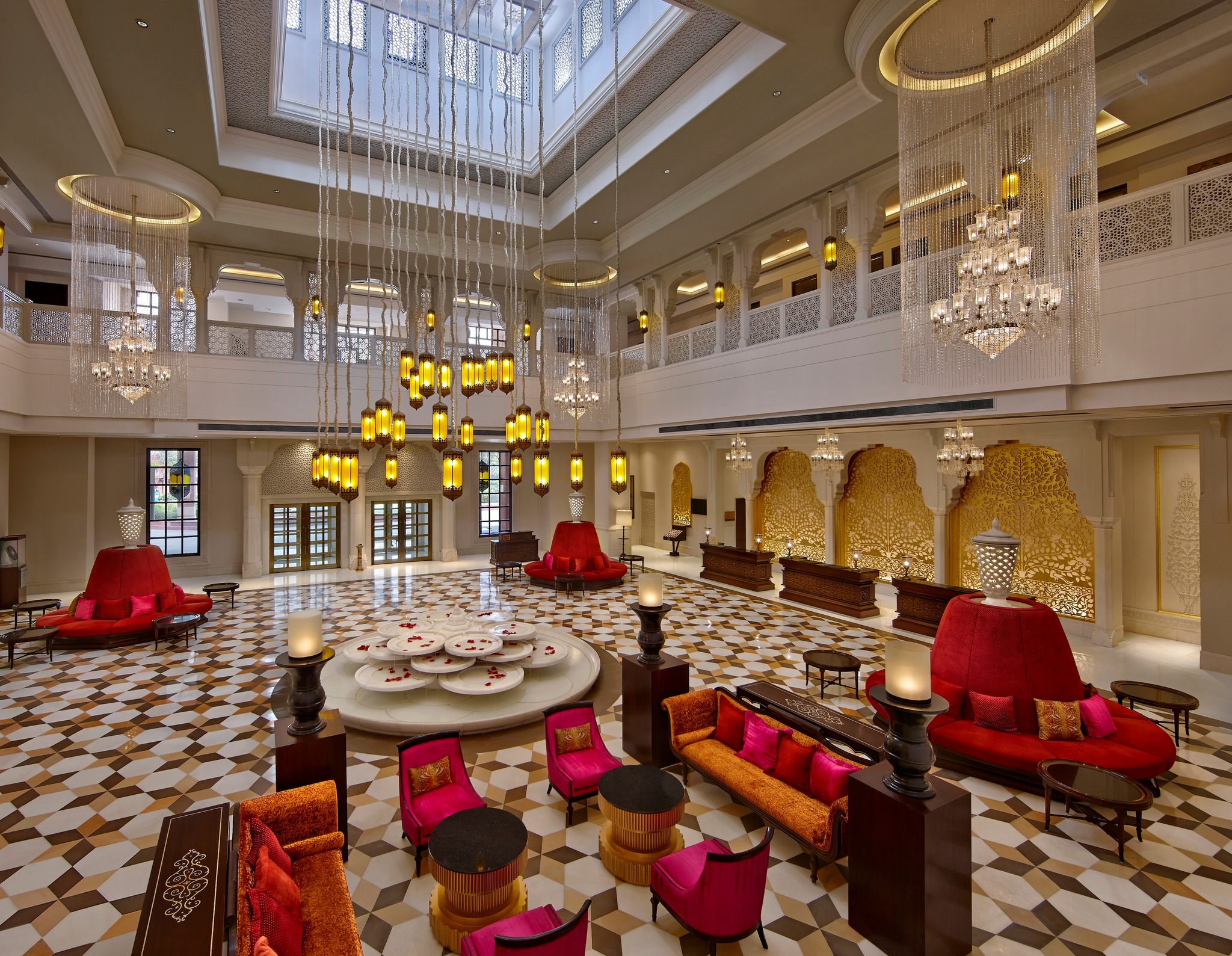 ITC Rajputana grand lobby atrium with chandeliers, Jaipur