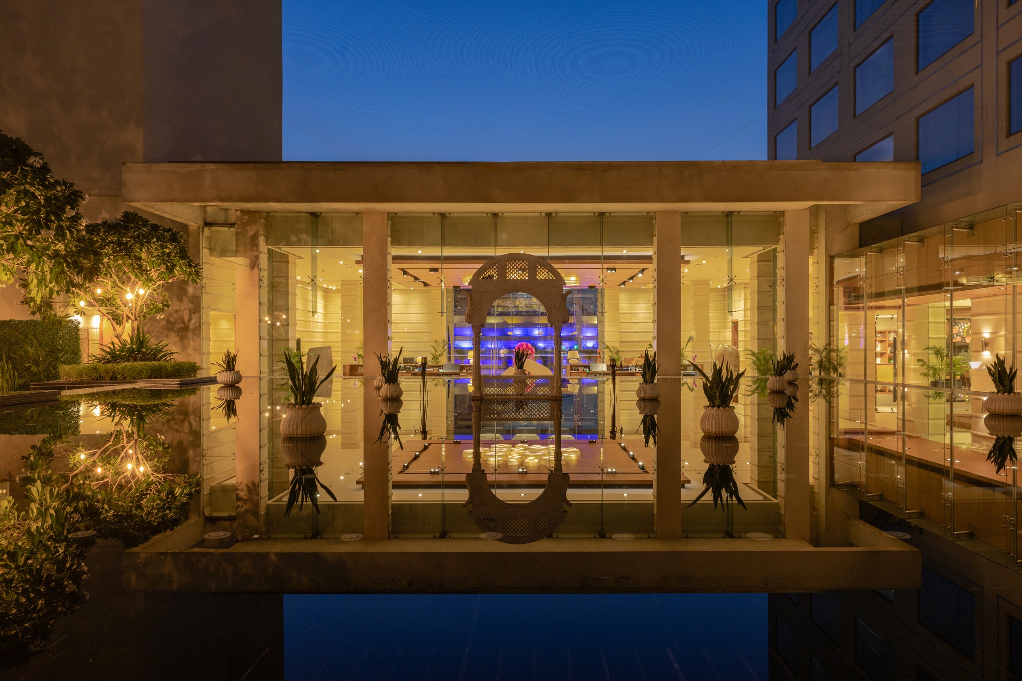 Jaipur Marriott Hotel exterior at dusk