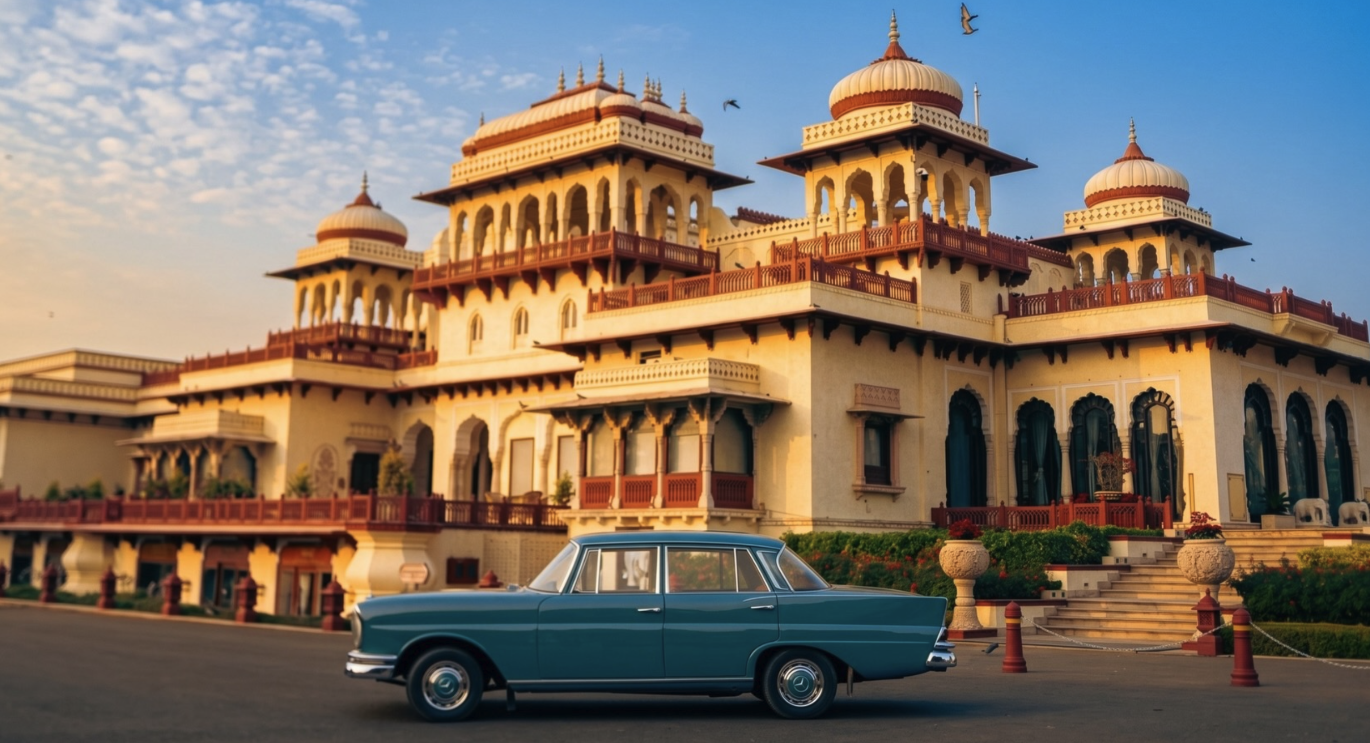Rambagh Palace exterior at golden hour with a vintage car, Jaipur