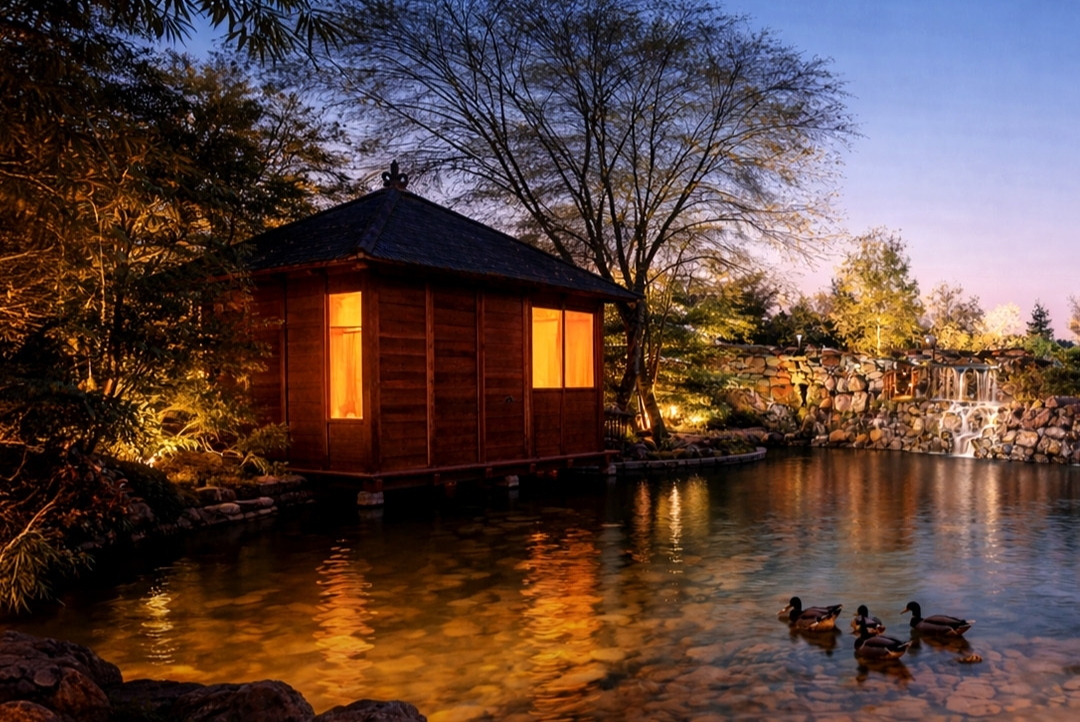 The Tree House Resort Jaipur — tree-house cottage over the lake at dusk