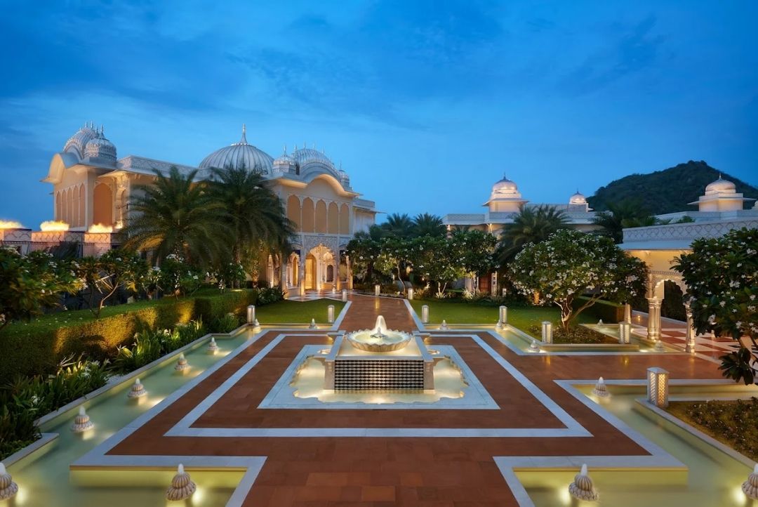 Mughal charbagh garden and fountain at The Leela Palace Jaipur