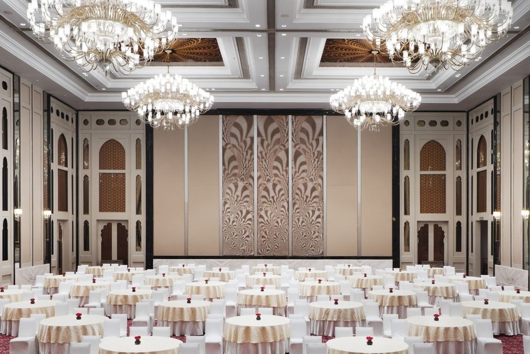 Grand ballroom with chandeliers at The Leela Palace Jaipur