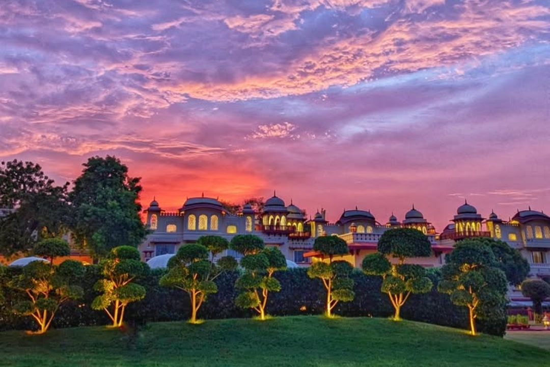 Sunset over the Mughal gardens — Jai Mahal Palace, Jaipur