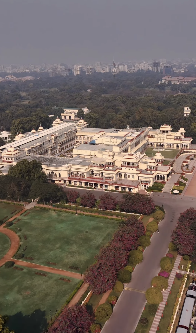 Aerial view of Rambagh Palace and its gardens