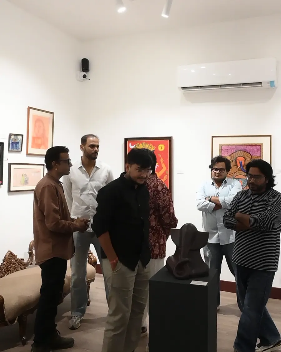 Visitors among paintings and sculptures at the opening of Virtuosity at ICA Gallery, Jaipur