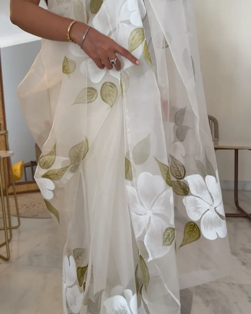 White flowers and olive leaves, hand-painted on the organza